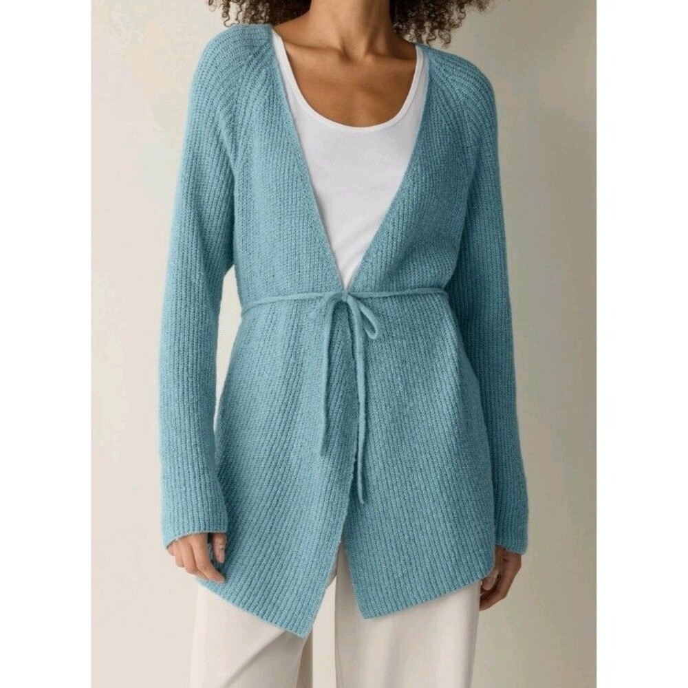 Eileen Fisher Ribbed Knit Tie-Waist Open Front V-Neck Cardigan Size XXS $248 New